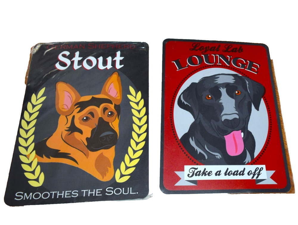 2 German Shepherd Stout Smoothes the Soul & Lounge Plastic Sign 11.75 x 8.25